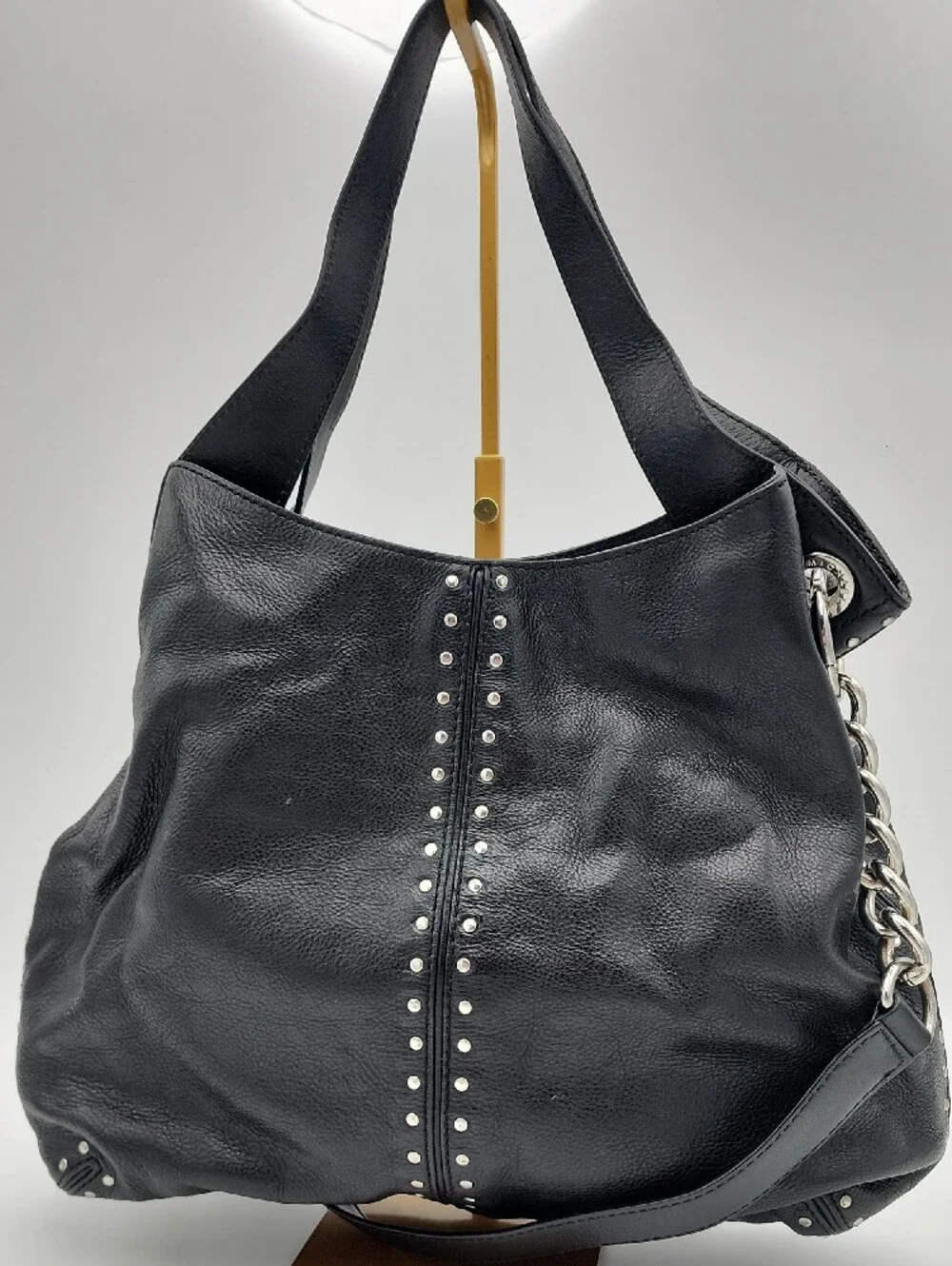 Michael Kors Uptown Astir Tortuga Black Leather Studded Chain-Accent Hobo